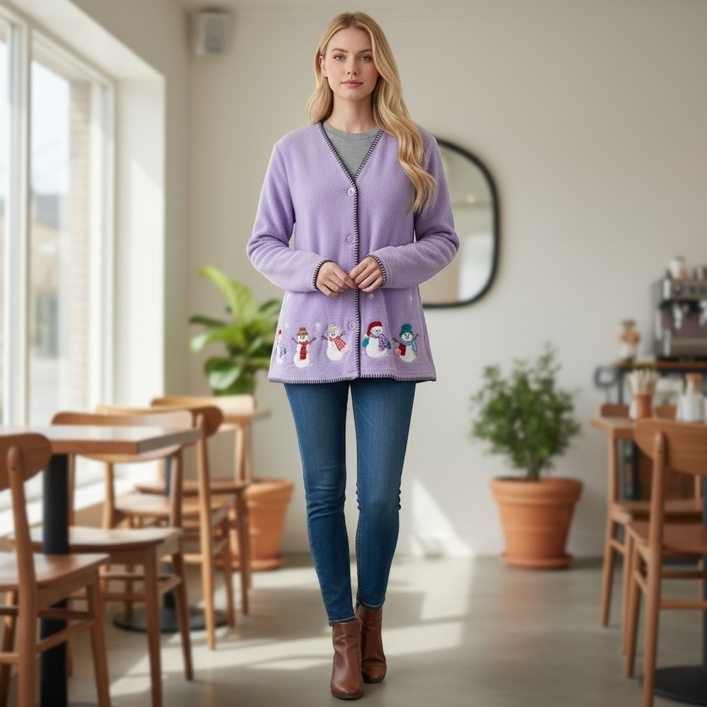 Jennifer Lauren Purple Fleece Cardigan Embroidered Snowmen Holiday Women Large